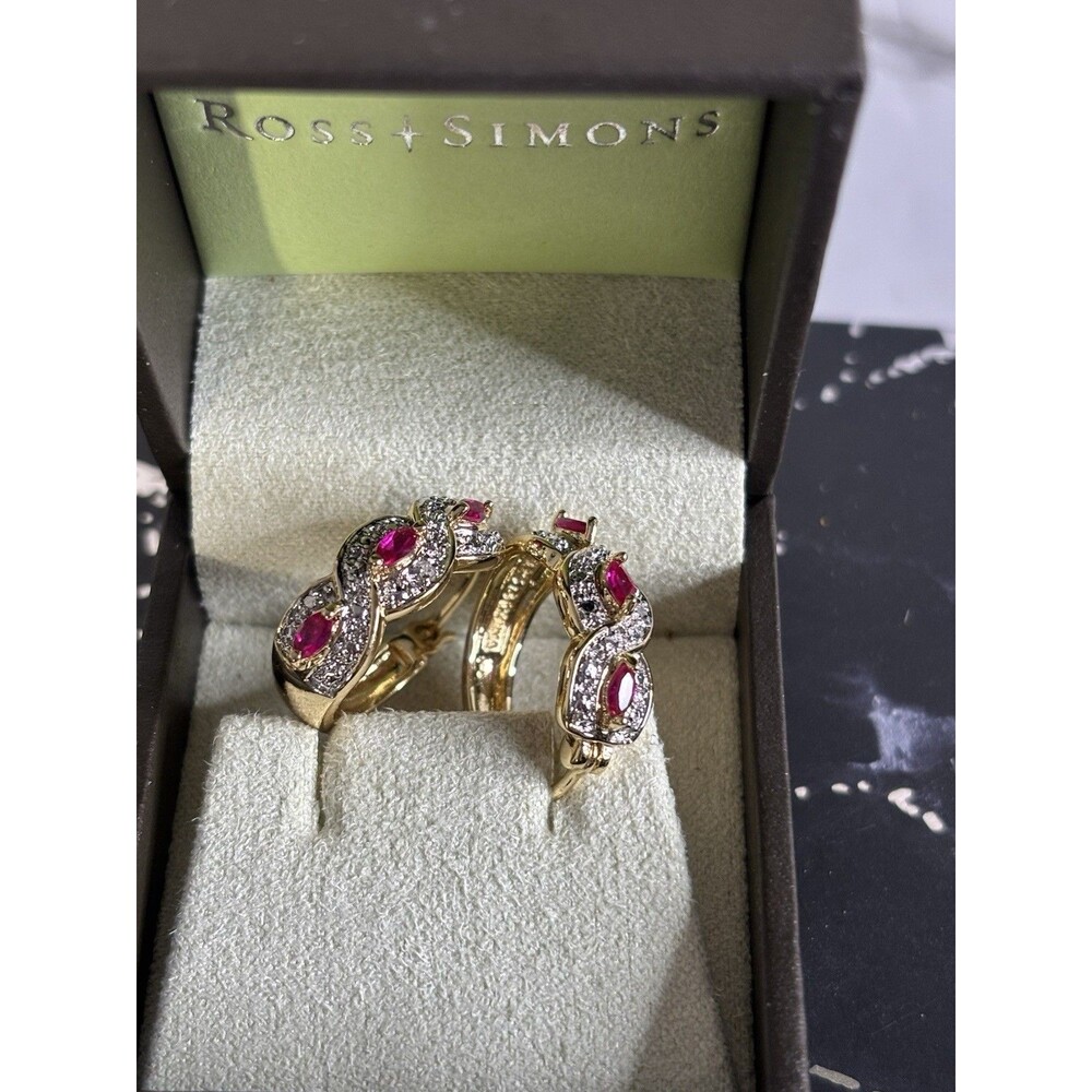 NEW BOX Ross Simons Genuine Ruby & Diamond Hoop Earrings 14k over Sterling-5.79G